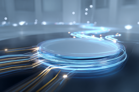 A highly detailed silicon wafer chip floating in a clean, bright studio environment, glowing circuit traces flowing autonomously across its surface in sweeping arcs that suggest motion and intelligent decision-making, fine gold signal lines branching outward from the chip like neural pathways.