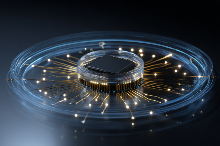 Glowing quantum processor chip with circular mounting structure and radiating gold wirebond connections on a dark reflective surface, surrounded by cyan light traces.