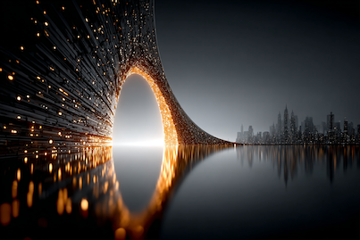 A bridge glowing with golden data streams leading to a technologically advanced city