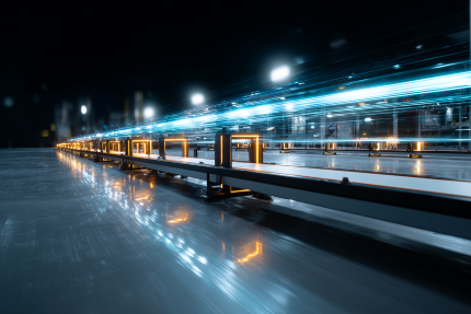 Top-down studio shot of two parallel transparent conveyor tracks on a reflective dark navy surface. The left track moves a single bright cyan glowing orb at high speed, captured with motion blur streaks. 