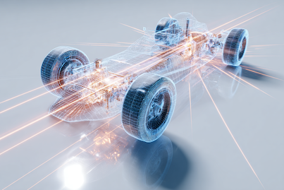 Bird's-eye view of a minimalist vehicle chassis wireframe rendered in blue on a pristine white reflective surface, the internal network fabric glowing in bright cyan and rose-gold lines pulsing outward from a central compute node, light refracting through the lines creating subtle caustic patterns on the surface.