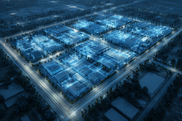 Aerial night view of a data center campus with glowing blue digital network overlays. 