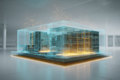 A single holographic projection of a complete data center facility floating above a dark charcoal #181E29 reflective surface