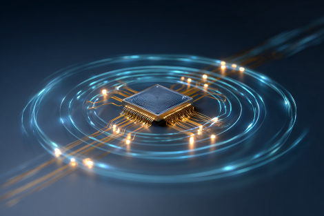 A top-down view of a luminous quantum processor chip resting on a dark reflective surface