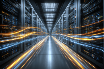 Photorealistic modern data center corridor with golden data streams flowing along both sides of the server racks to depict data movement.