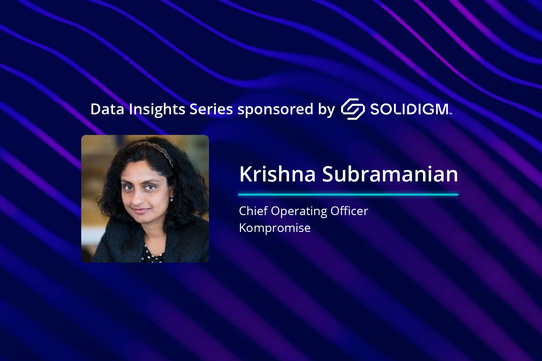 Krishna Subramanian on a blue/purple background for a Solidigm sponsored data insights episode on TechArena
