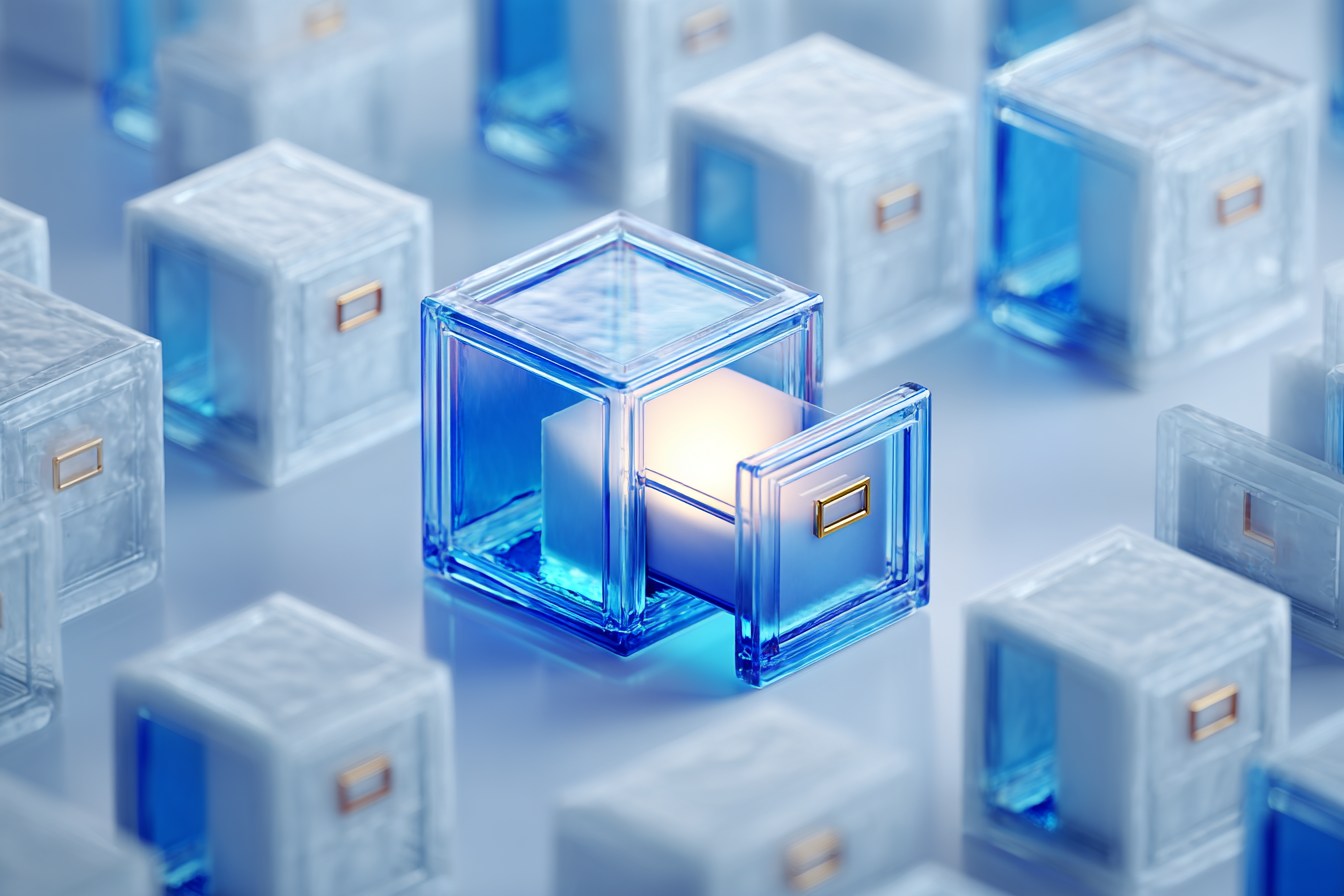 Small blue filing cabinets on a light background.