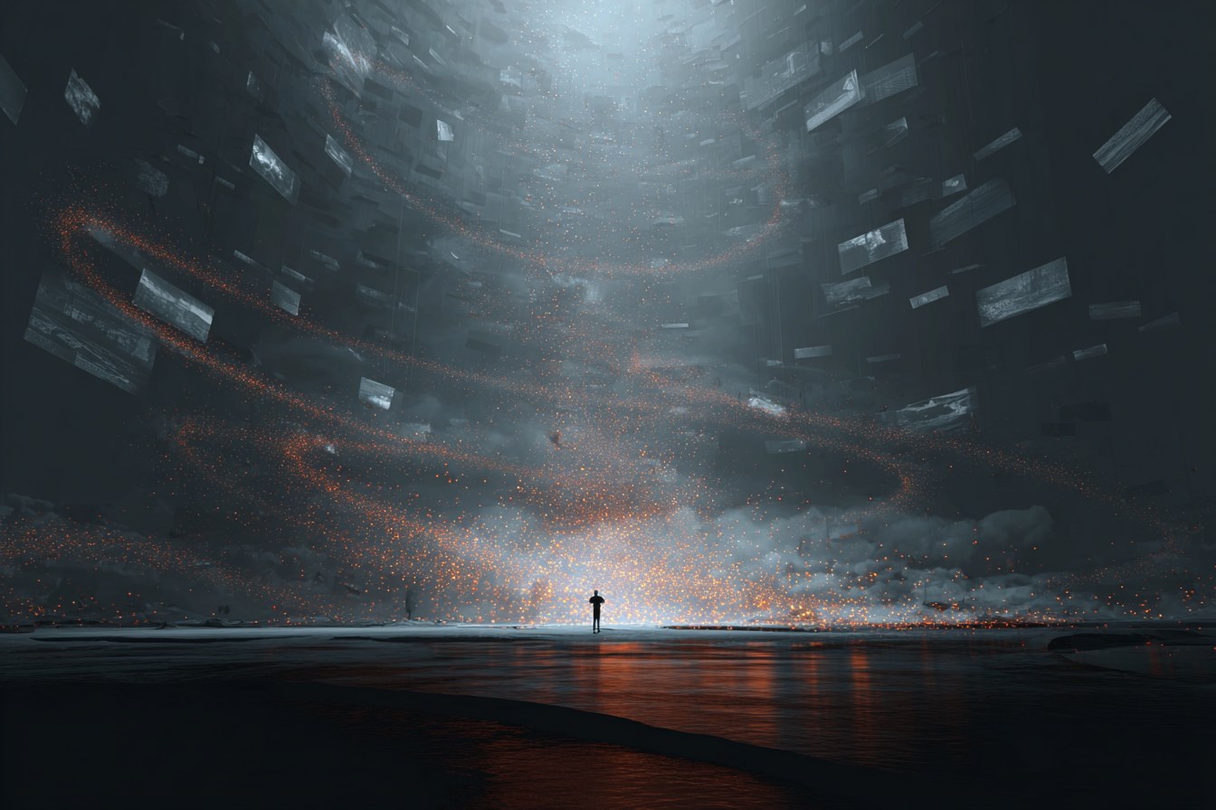 One person stands in the center of a dark space with floating data fragments and glowing embers.