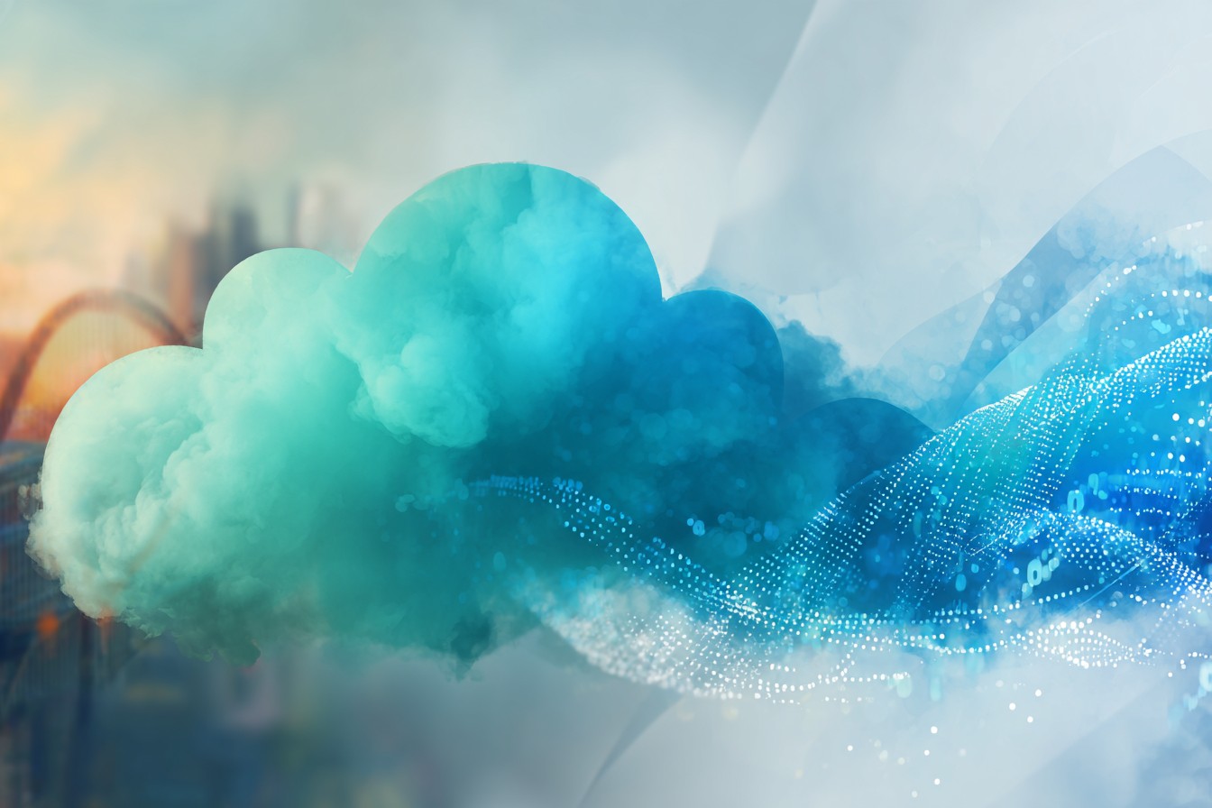 A soft gradient illustration of a single, blue rounded cloud with dotted data streams flowing through it
