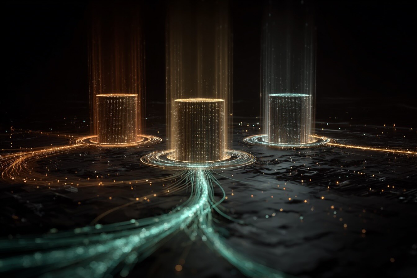 Abstract 3D illustration of quantum computing nodes emitting light beams and data streams, interconnected by glowing fiber optic cables on a circuit board