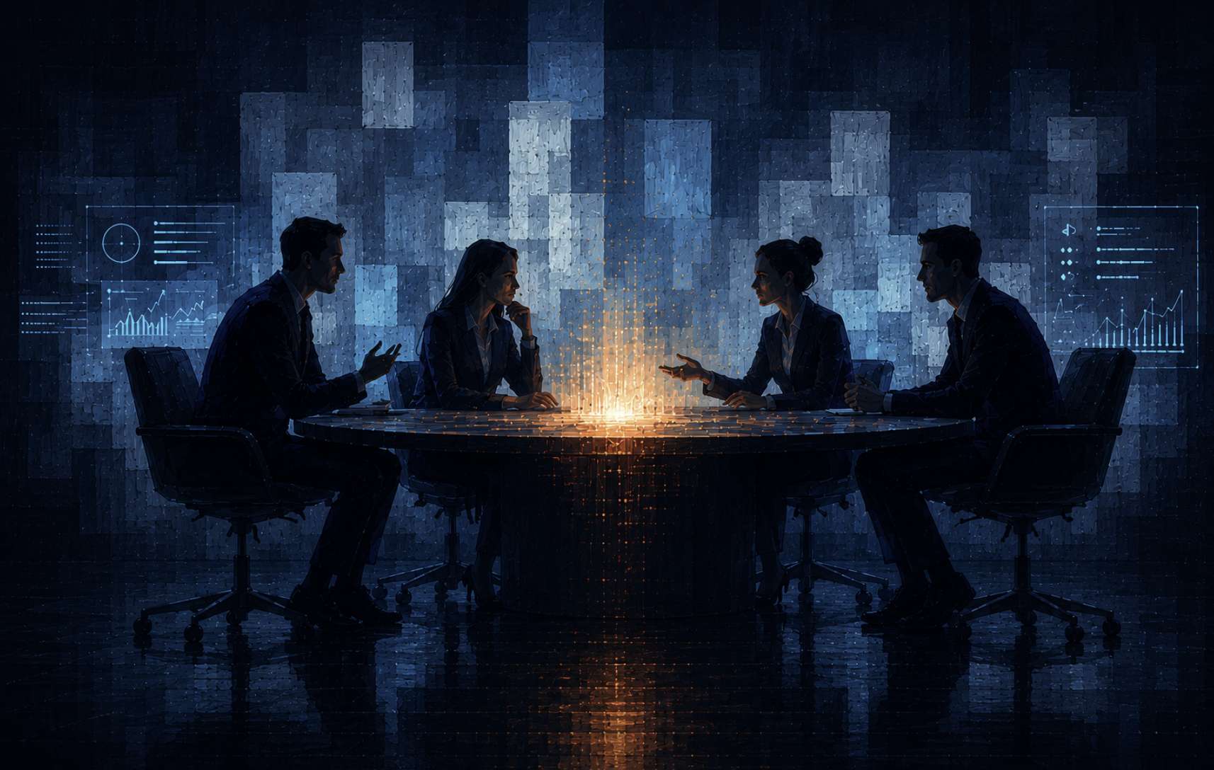 Artistic depiction of four colleagues collaborating around a conference table.