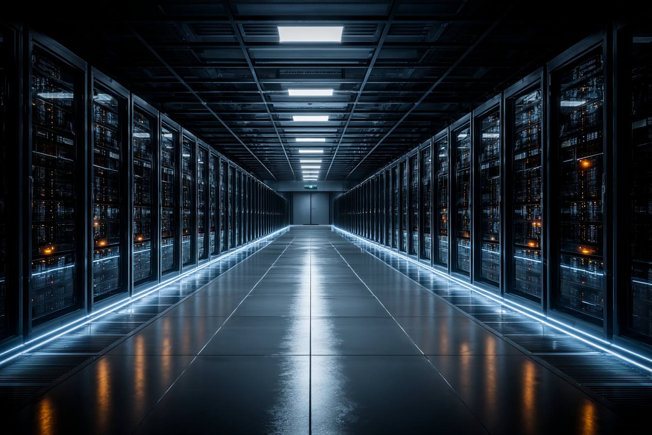 A long hallway lined on both sides with rows of data center racks.