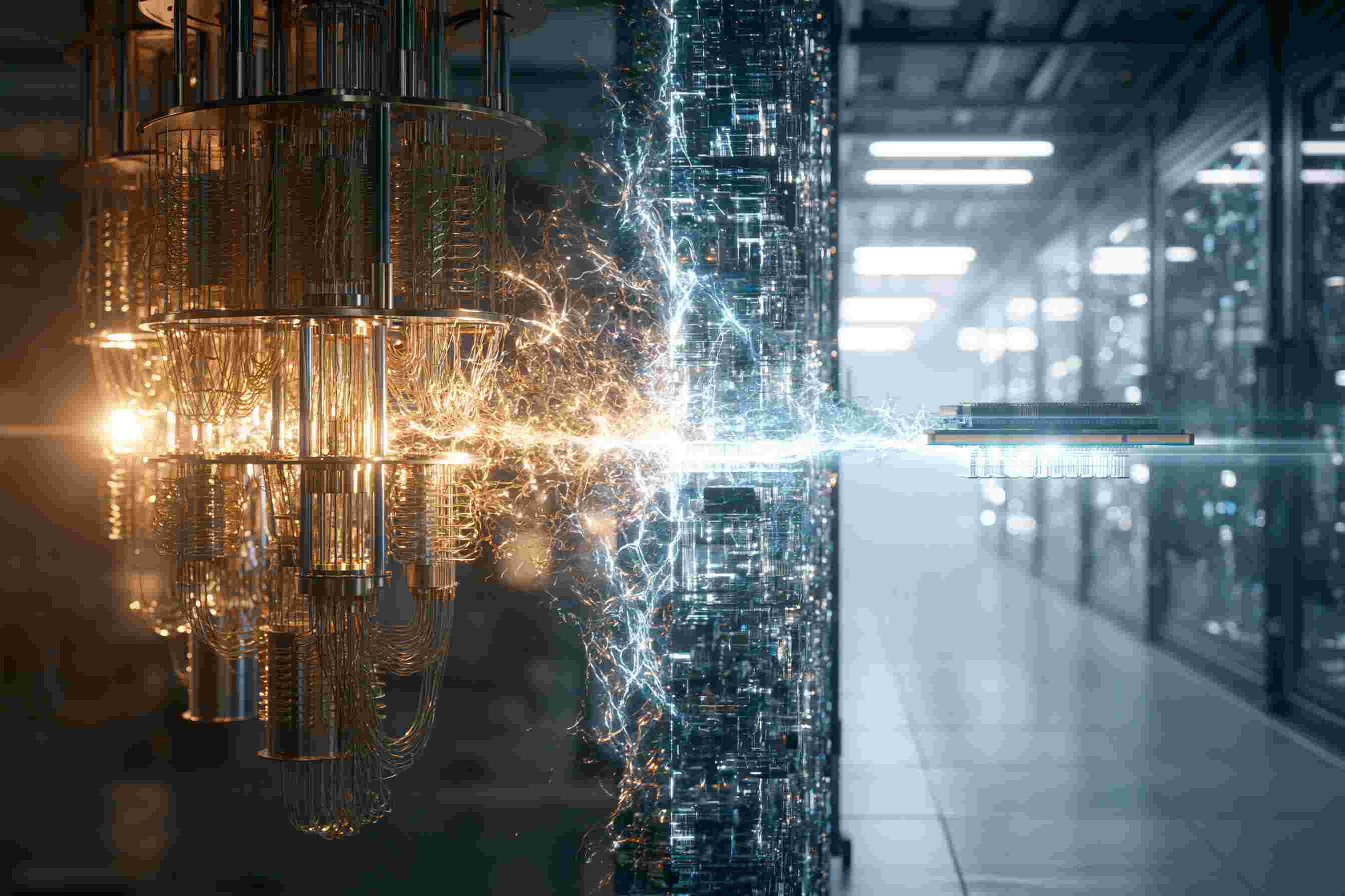 A quantum computer merging with a data center.