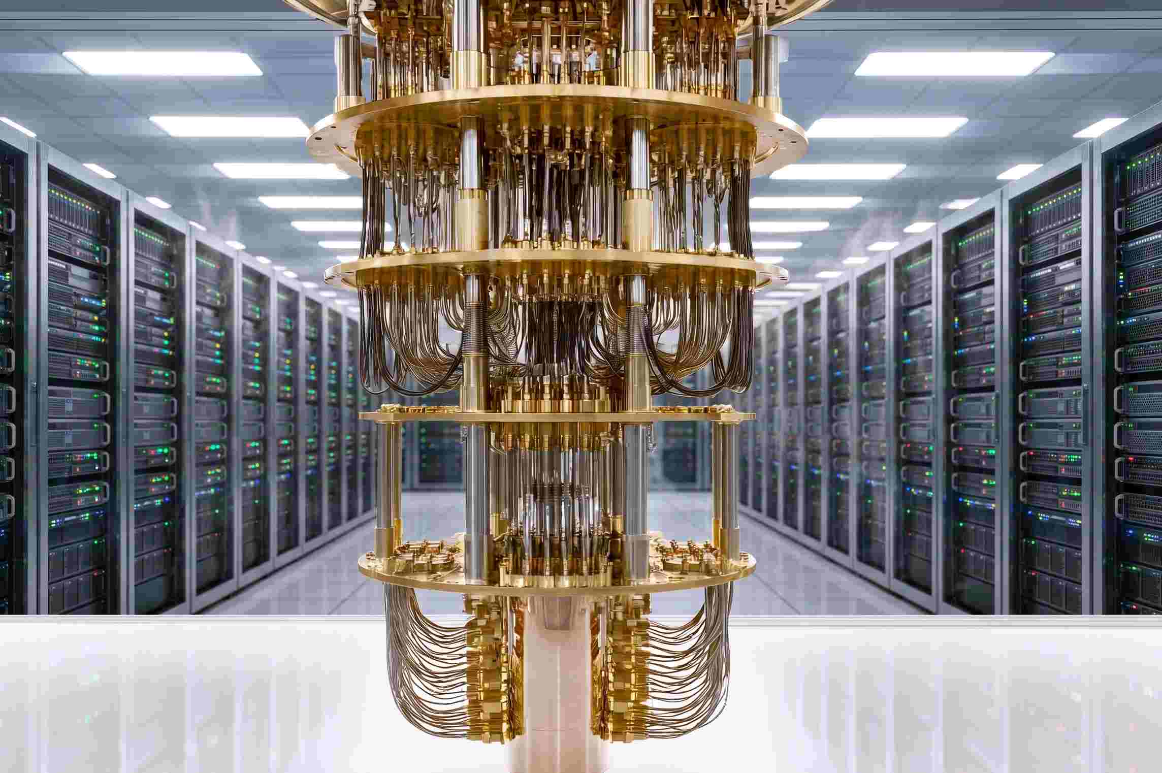 A quantum computer merging with a data center.