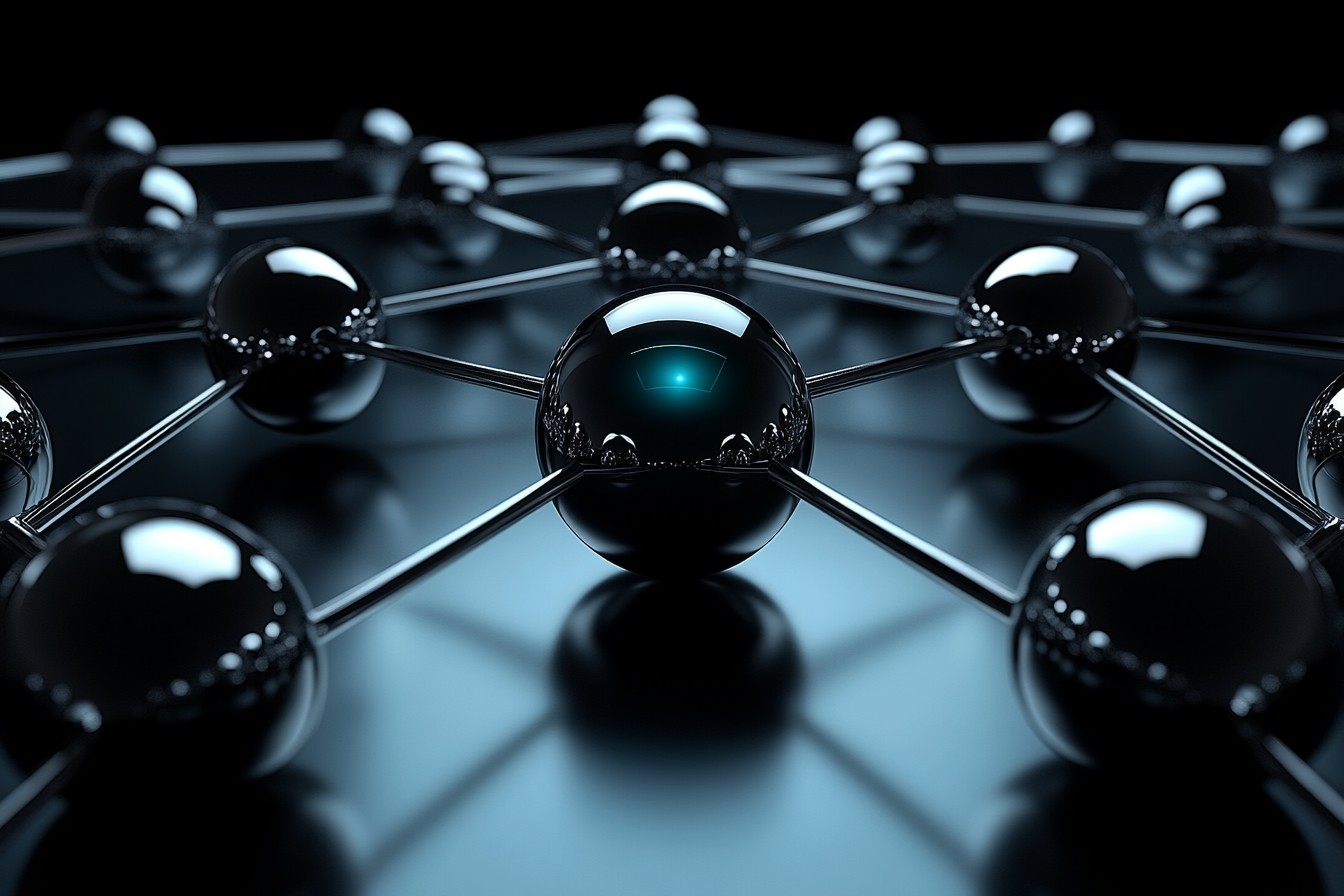 Chrome spheres connected by metallic rods, with a glowing teal center node representing qBraid unifying the quantum computing ecosystem