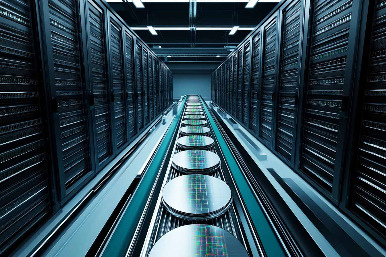 A conveyor belt of silicon wafers in a hall of data center racks.