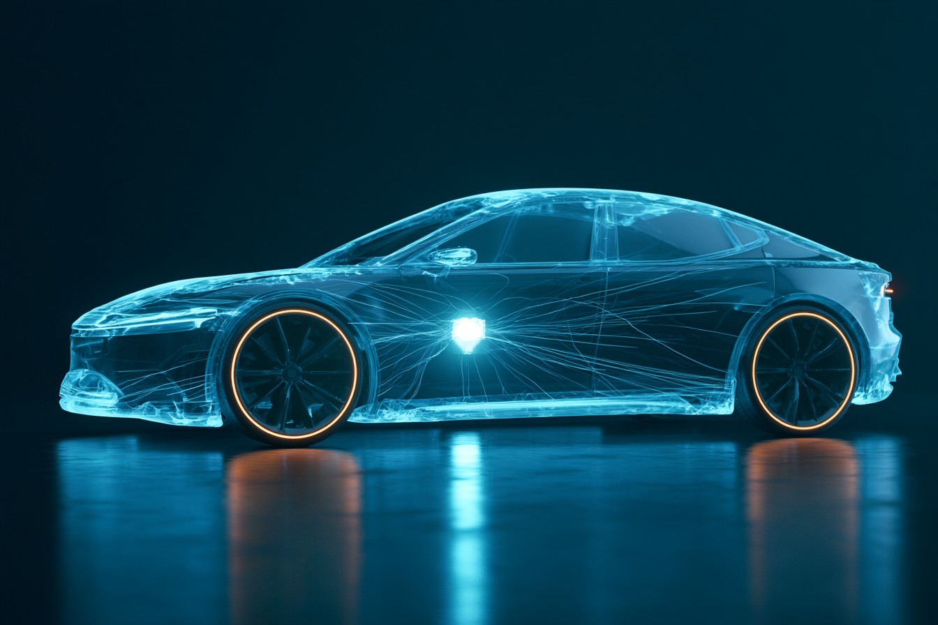 A transparent sedan with inner lines to represent software.