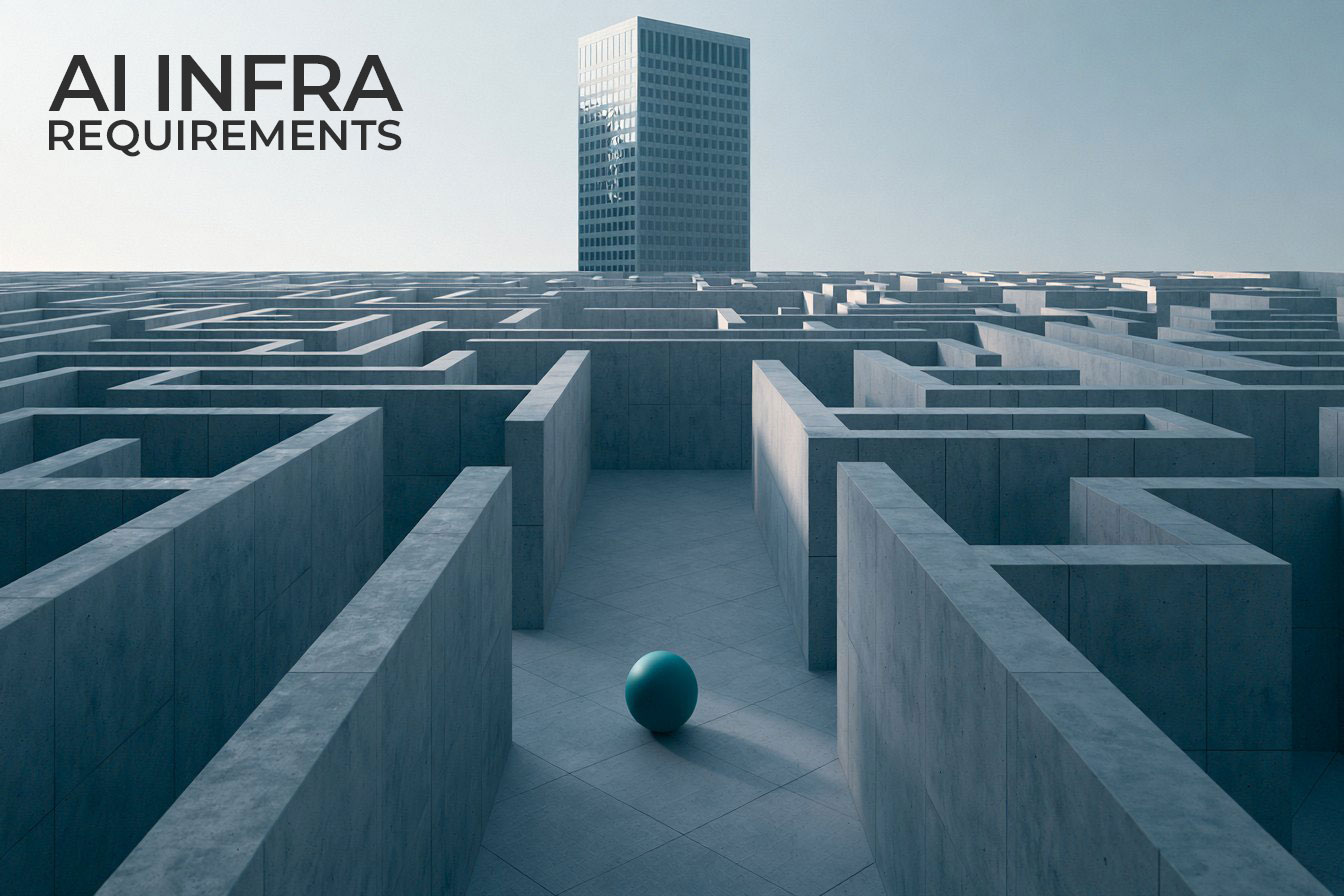 A blue orb representing AI traveling through an intricate maze toward a building.
