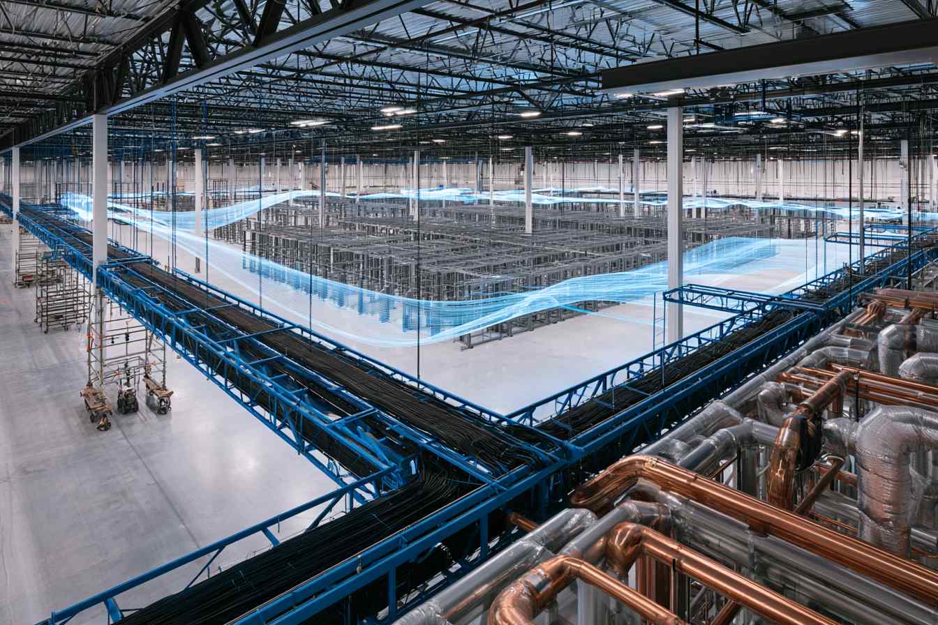 Bird's eye view of an AI data center under construction, with light streams representing data flow between clusters.