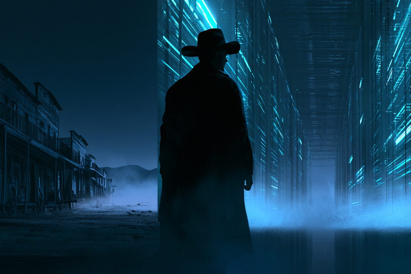 The silhouette of a sysadmin dressed as a sherrif, walking through a ghost town-slash data center at night