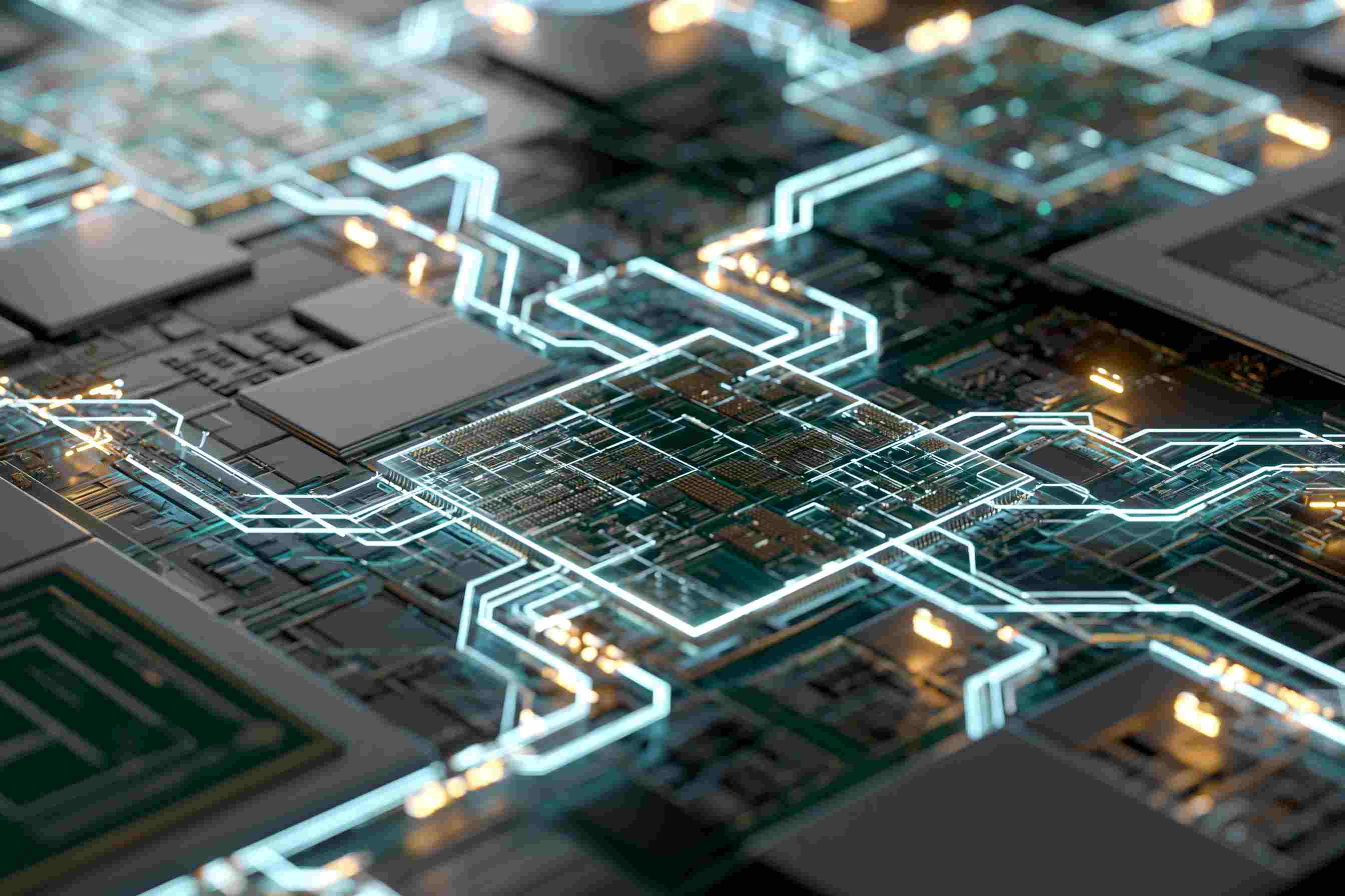 A circuit board with glowing traces.