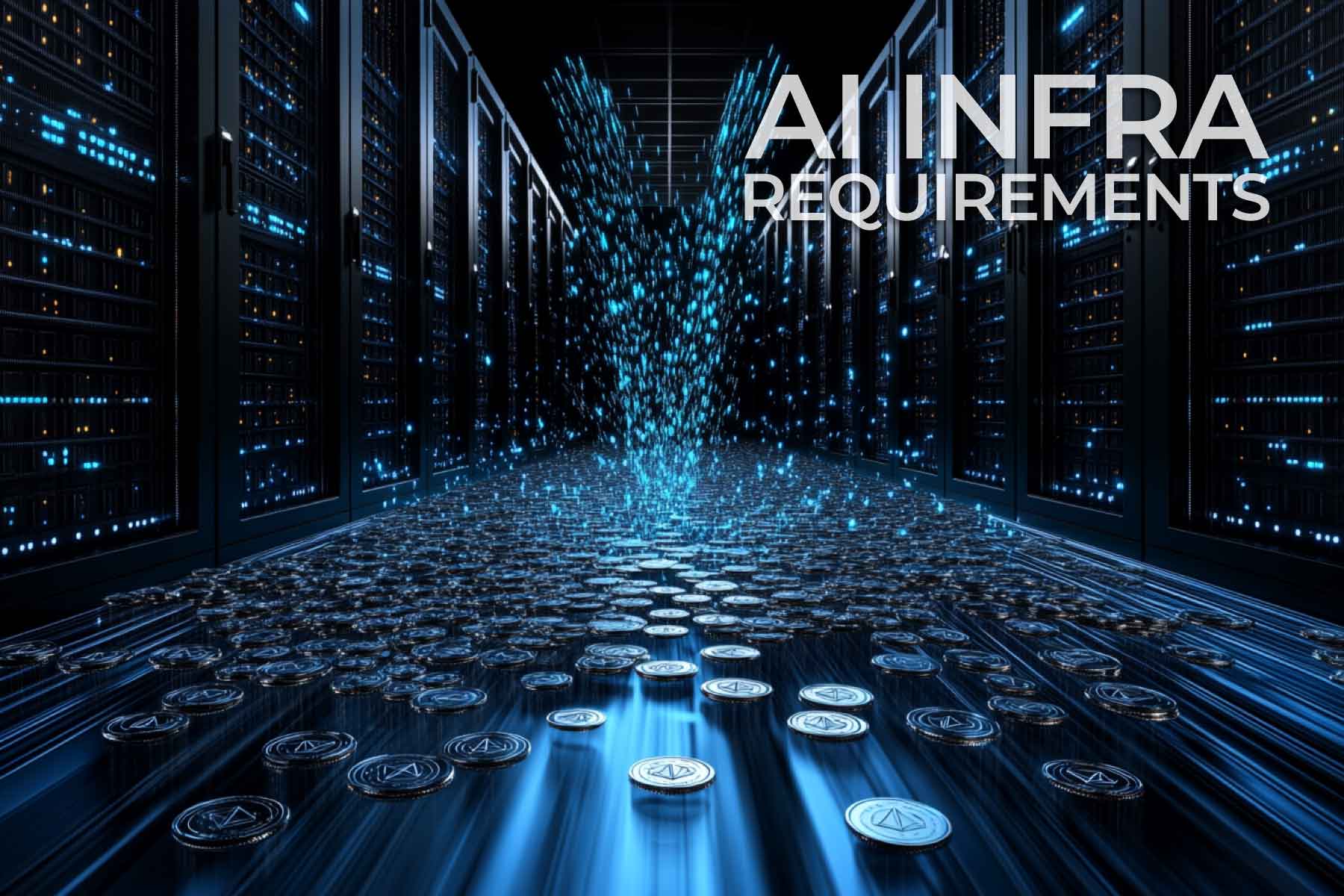 Thousands of tokens falling from the sky, gathering on the floor of a data center hall.