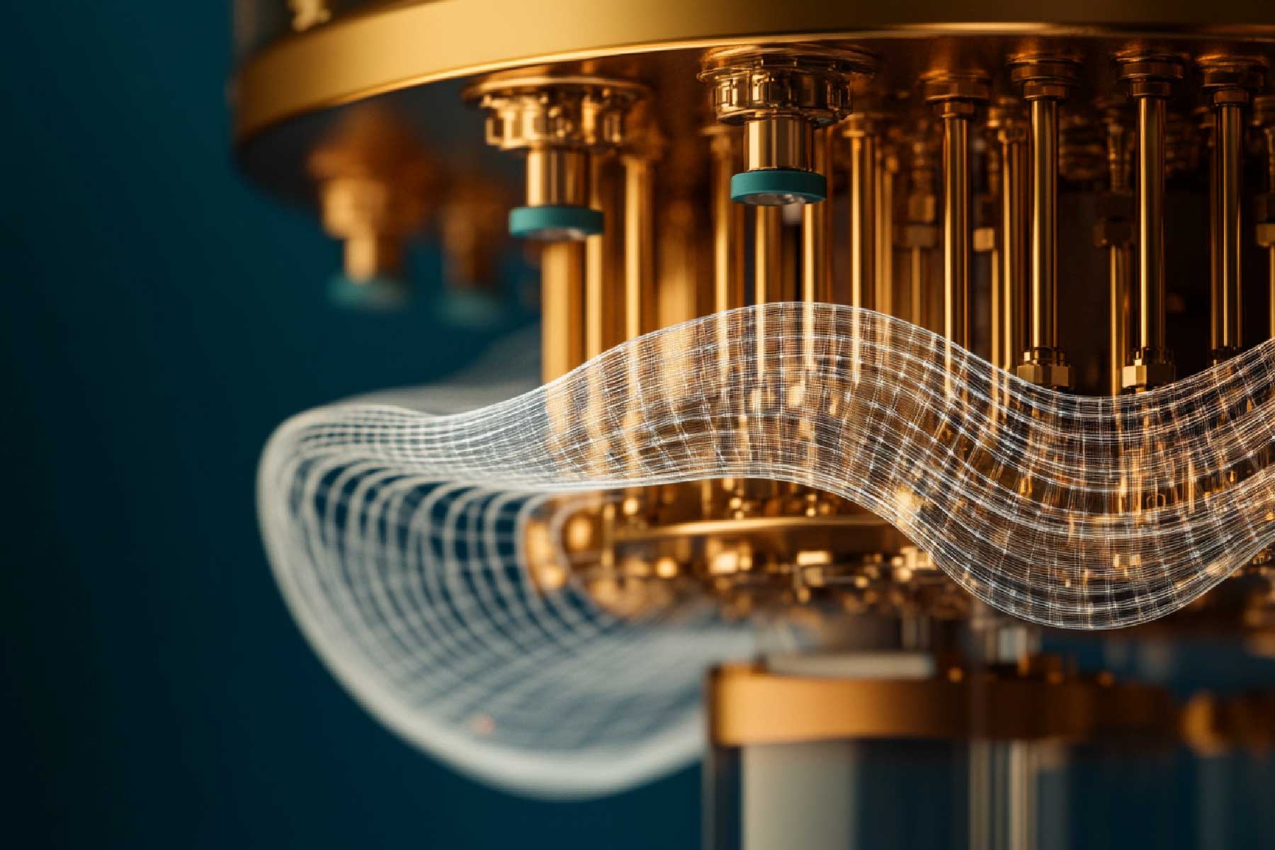 A depiction of a quantum refrigeration unit with fabric encapsulating it.