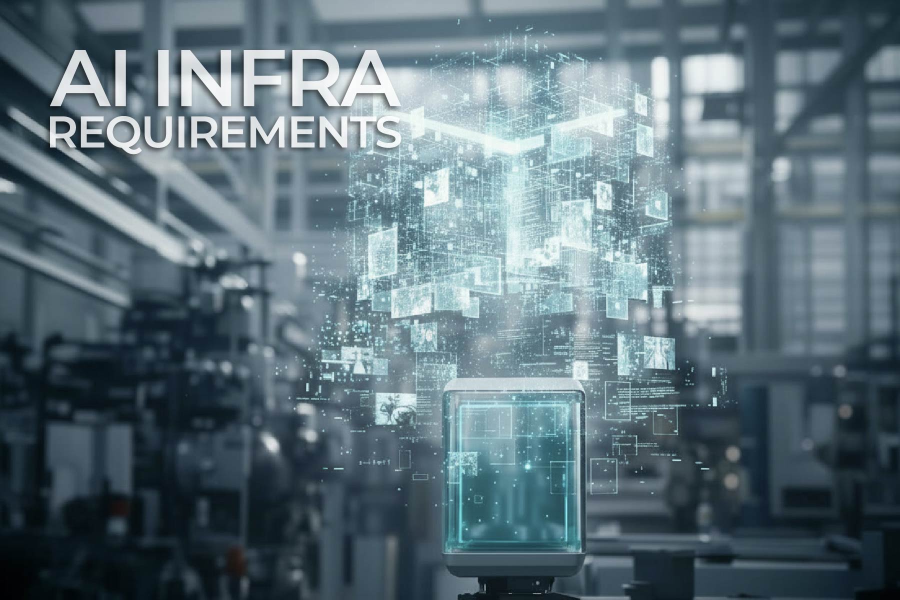 A visualization of generative AI output as a hologram with an industrial factory in the background.