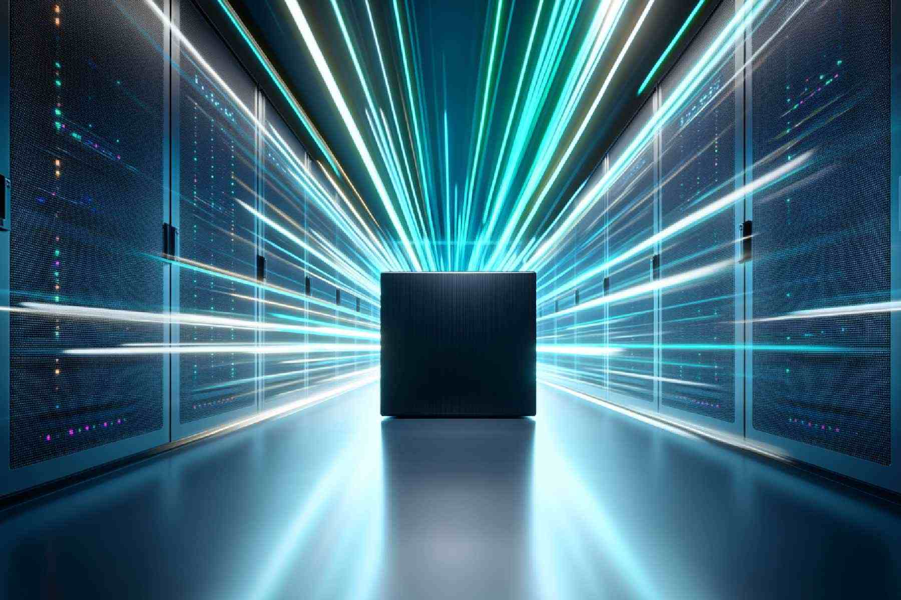 A dark processor at the center of a data center aisle with streaks of teal light radiating outward, representing high-speed data velocity. 