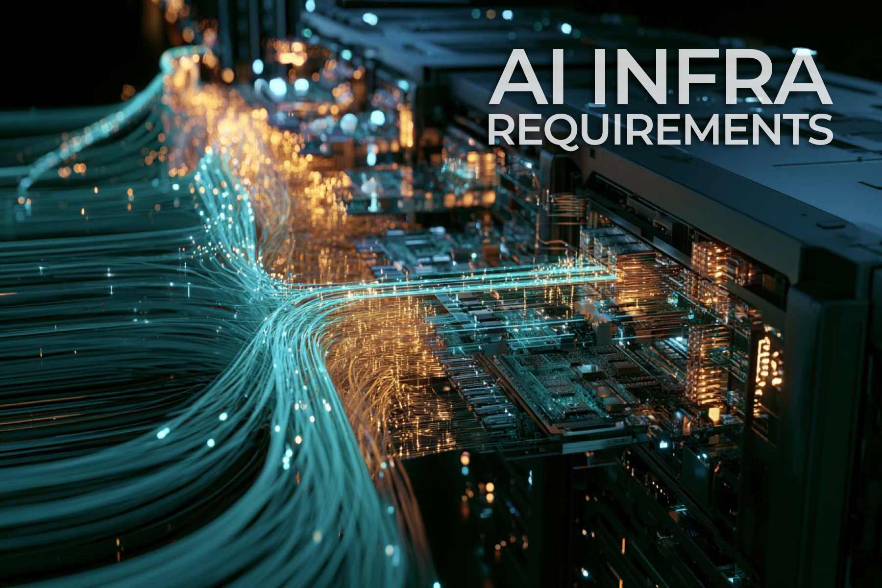 Luminous fiber-optic network cables routing high-speed data into enterprise AI server racks, representing low-latency scale-up interconnect fabric.