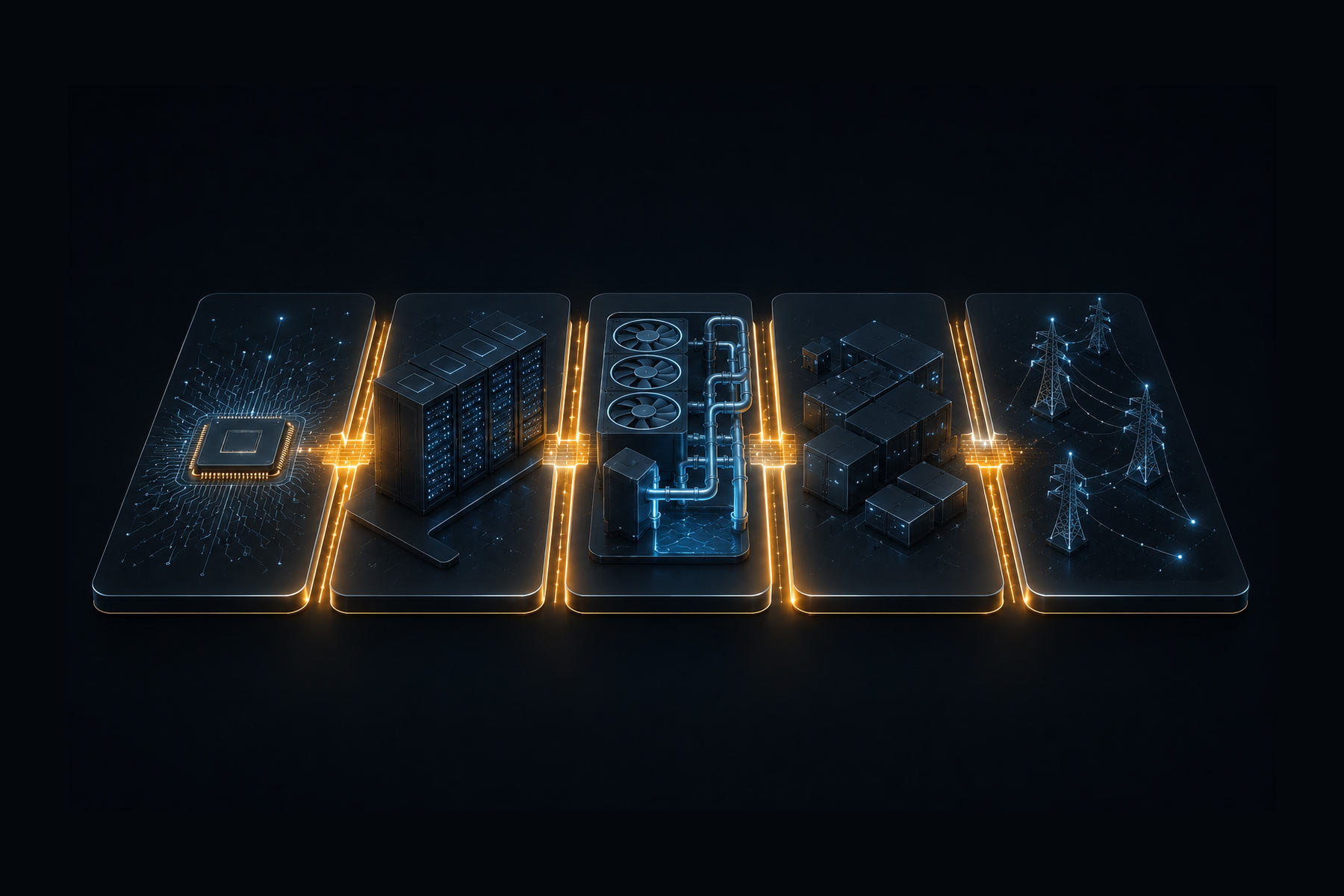 Different parts of data center on glowing plaques