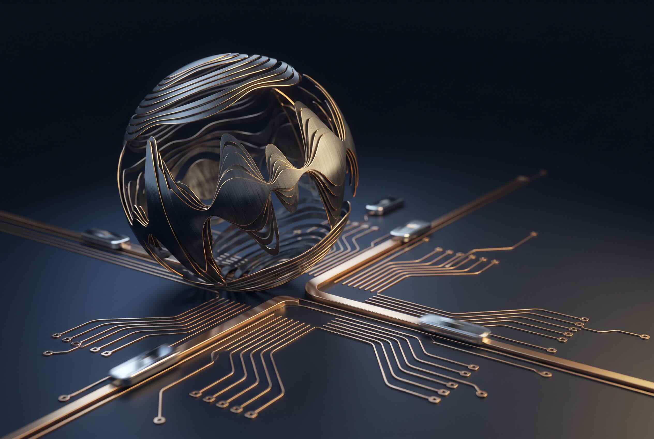 A sculptural orb sitting on gold circuit pathways.