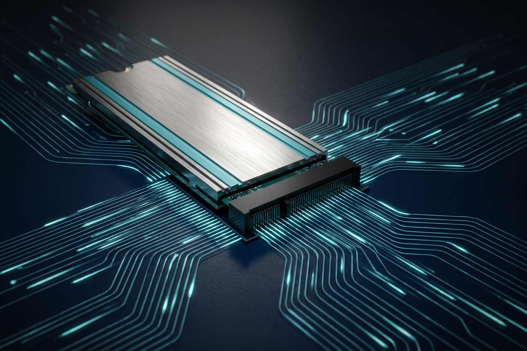 An NVMe SSD seated in its connector on a dark circuit board, with teal light pulsing outward along traces in every direction, representing storage performance under AI inference workloads.