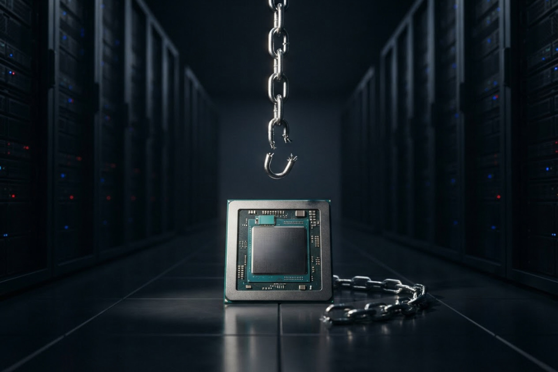 AI processor with a broken chain in a dark data center, symbolizing hardware limitations and infrastructure bottlenecks.