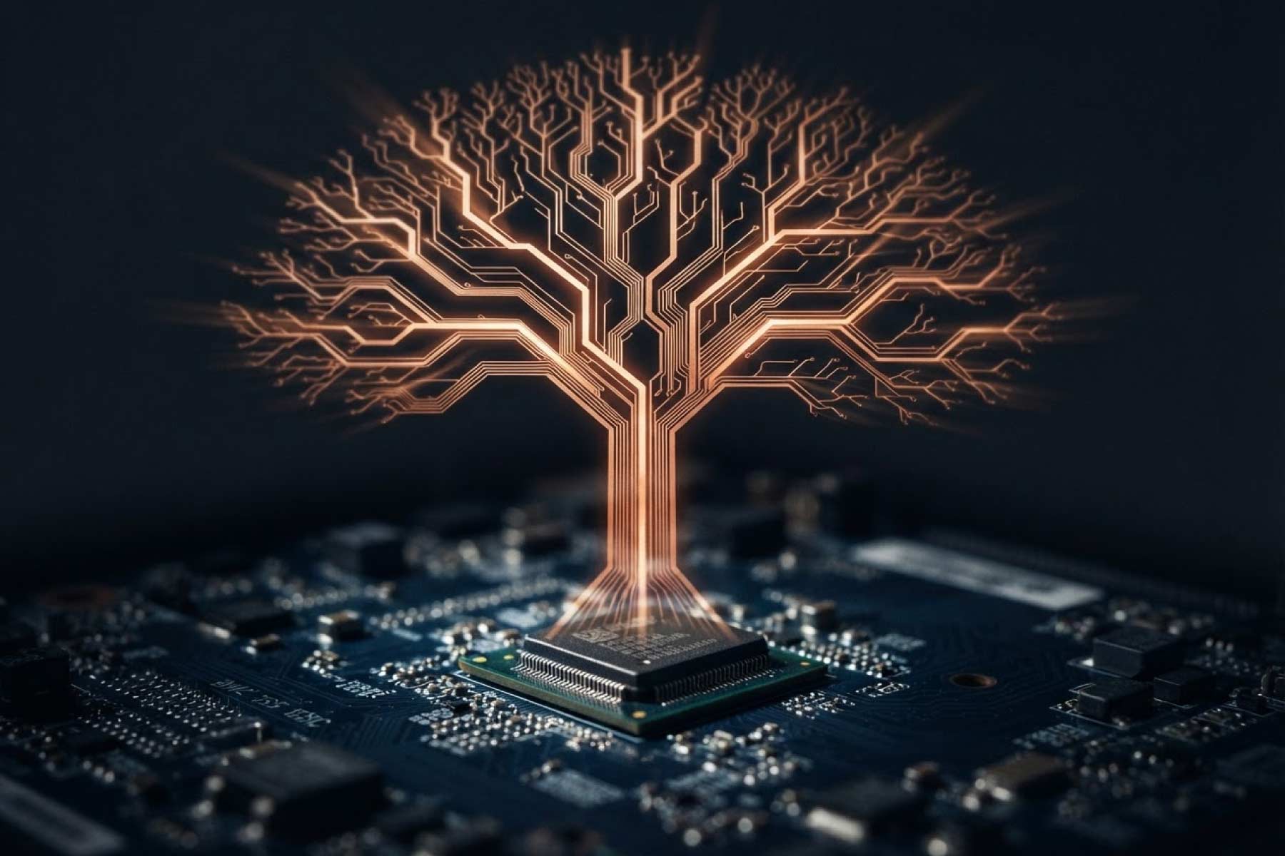 Glowing circuit-board tree emerging from a microchip, symbolizing AI innovation and intelligent computing.