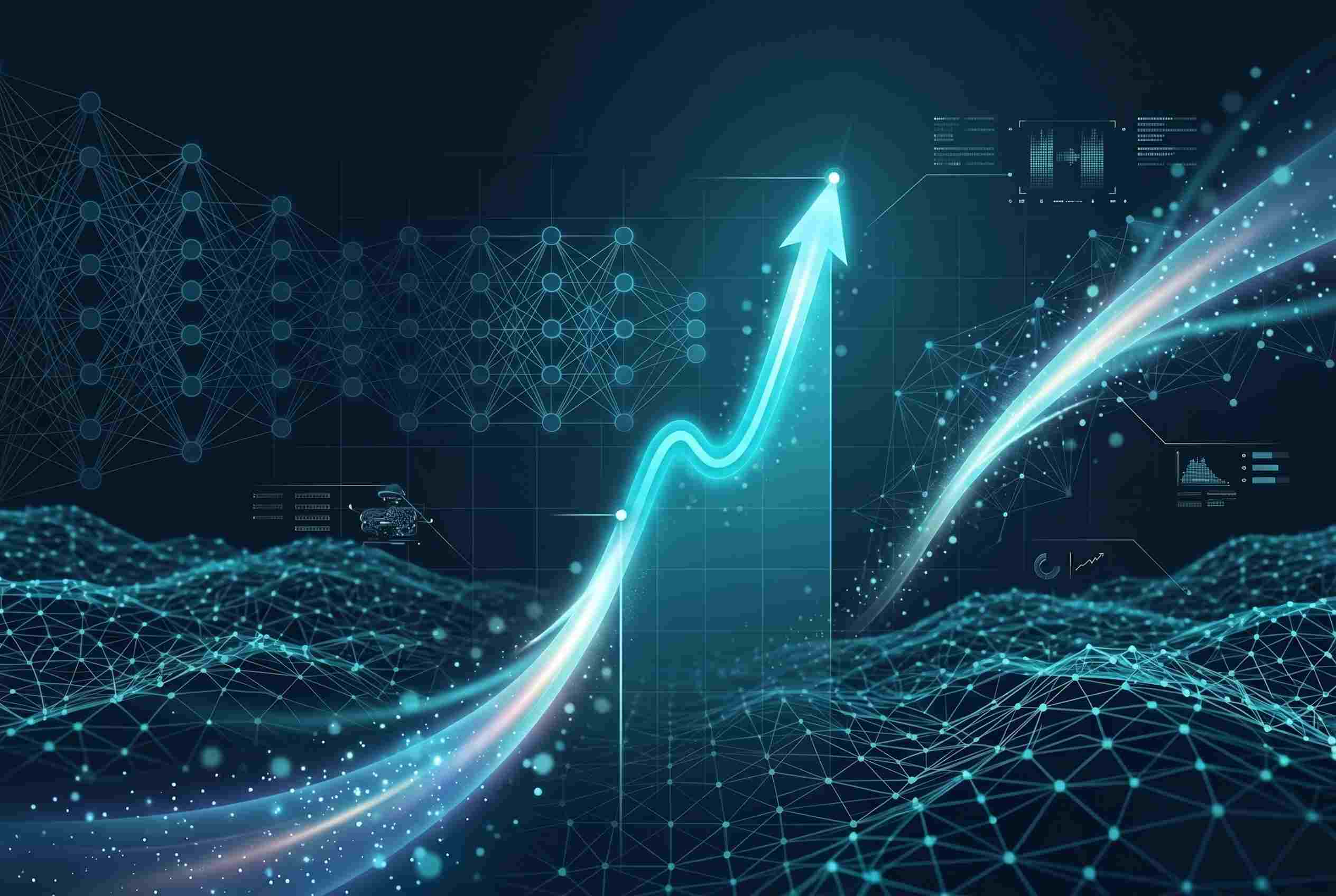 Glowing blue arrow rising through a digital network of connected nodes and AI data visualizations, symbolizing upward growth in technology and artificial intelligence.