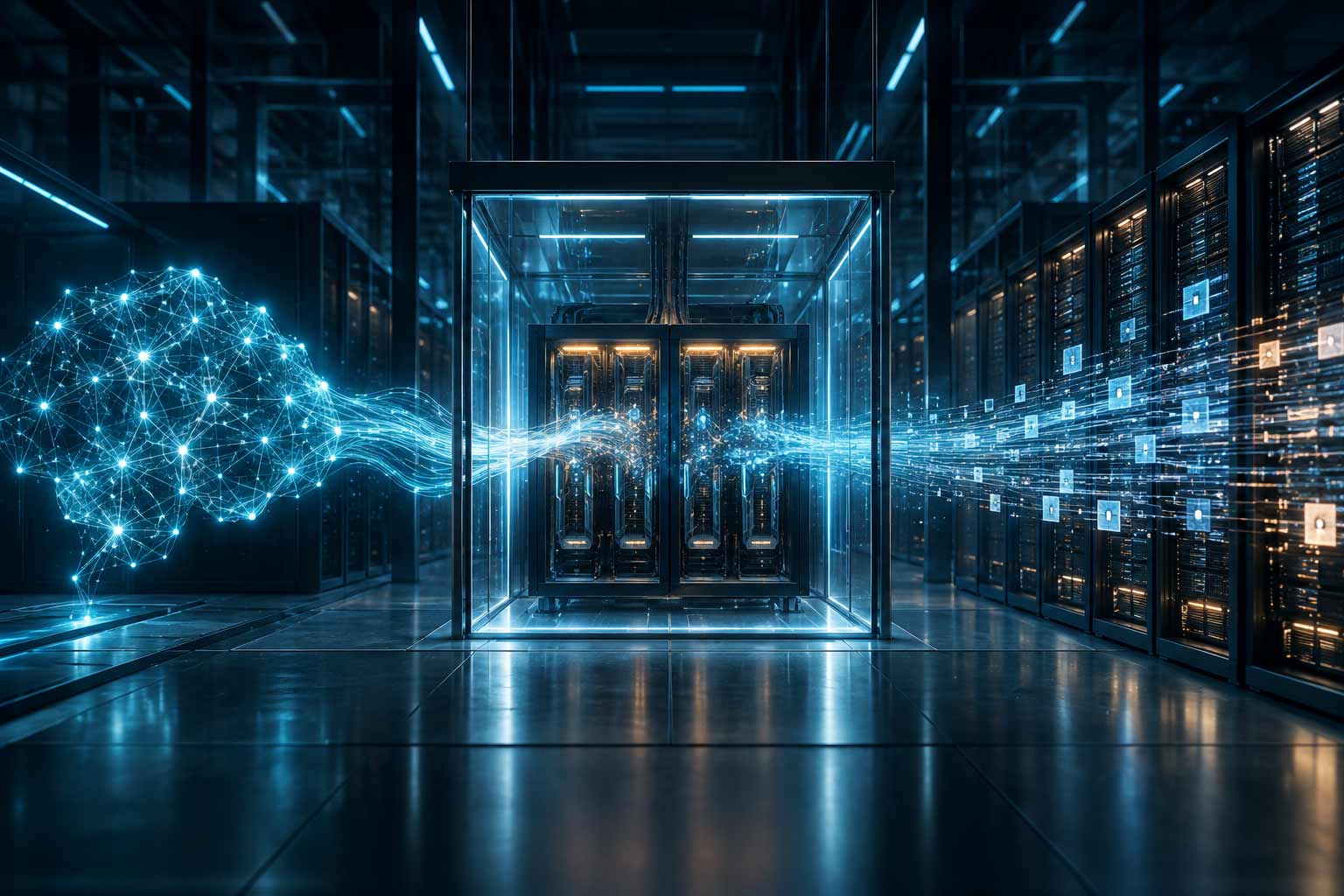AI model and encrypted enterprise data converging inside a secure GPU computing enclave in a data center.