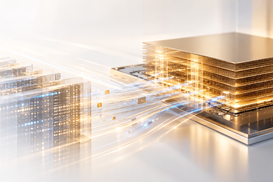 A towering wall of stacked memory modules with server bays set into its face and lit from within, representing compute moved inside memory through near-memory computing. 