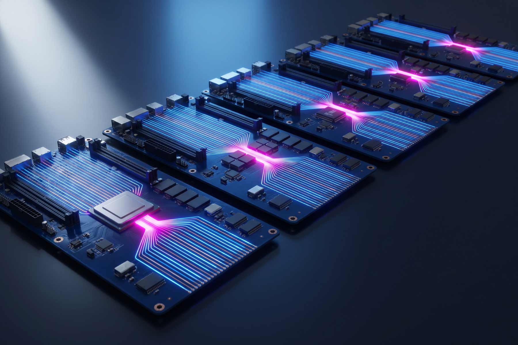 Row of server motherboards with glowing blue and magenta circuit traces.
