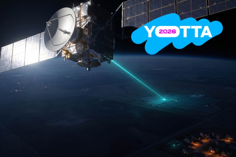 Satellite pointing a laser at data center