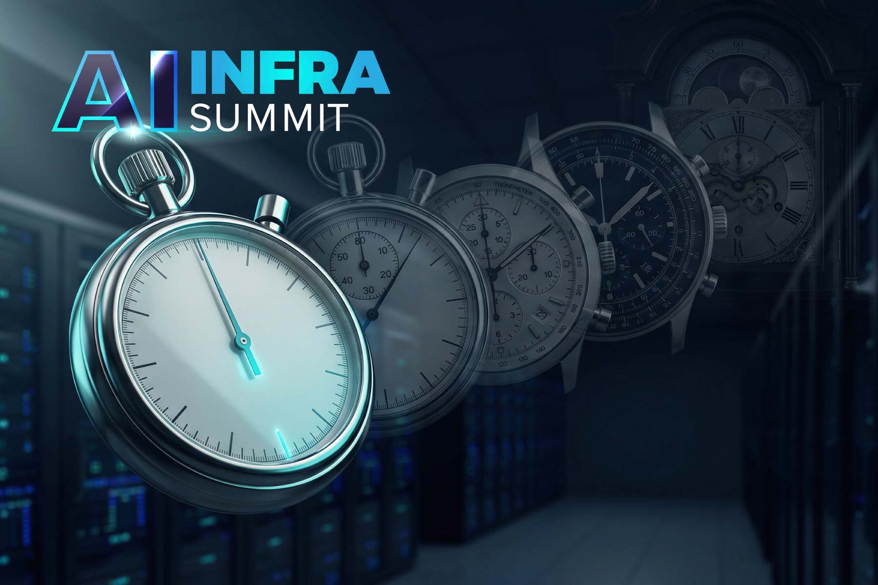 AI Infra Summit graphic: a teal stopwatch leads a row of fading clocks and watches in a dark data center.
