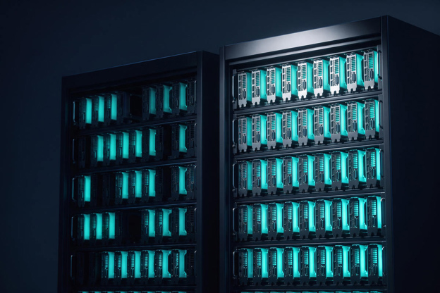 Two racks of GPU accelerator cards, one in shadow with scattered dark idle cards and one lit with every card working, representing io.net keeping GPUs continuously in use.