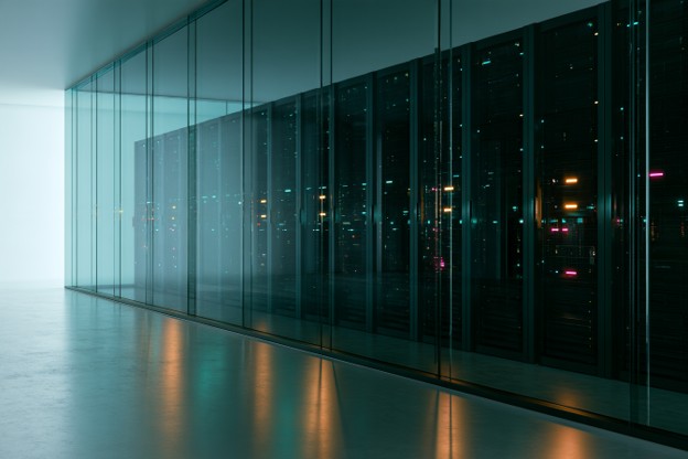 A wall of data center racks enclosed in thick glass.
