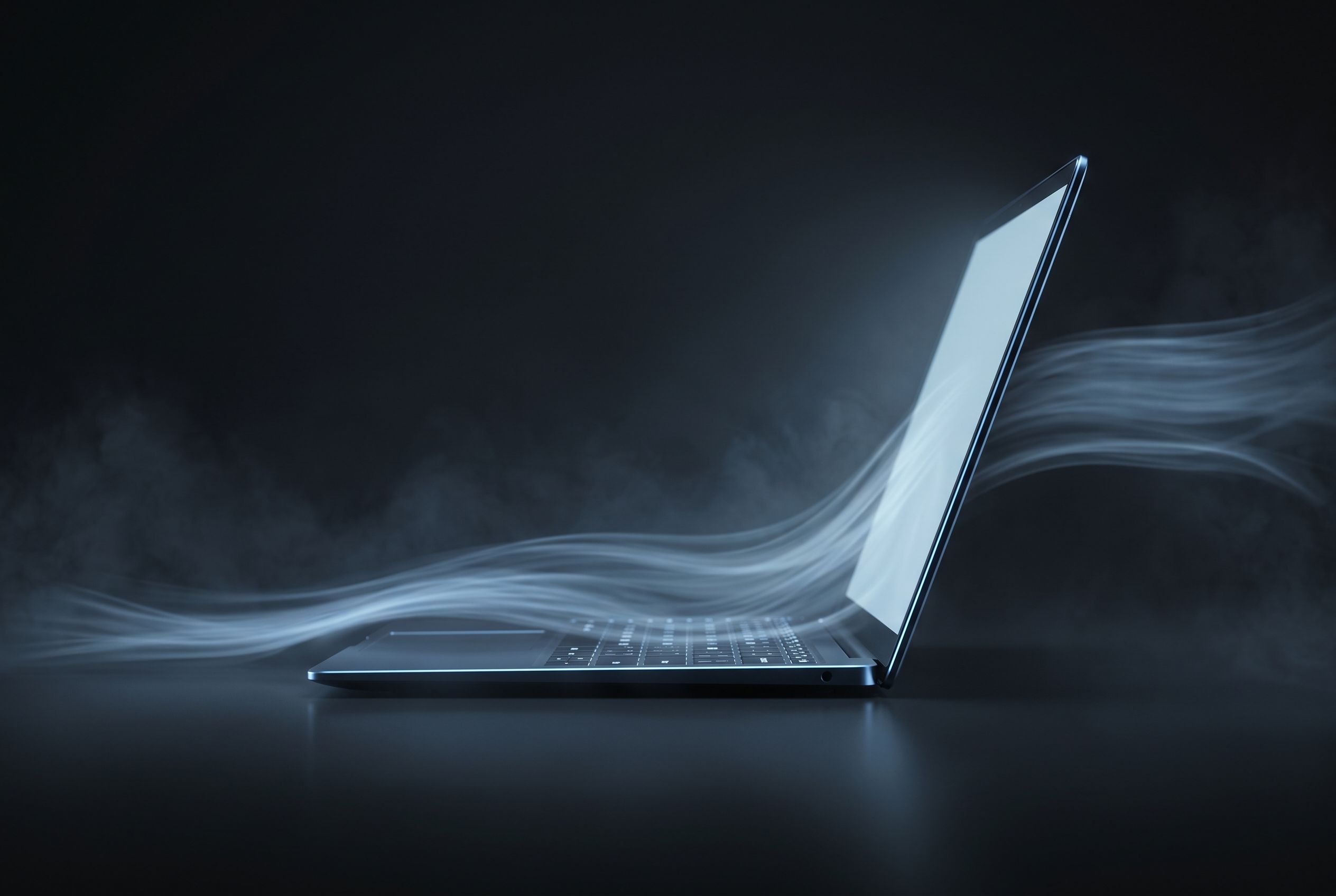 A sleek laptop with cool air flowing through.