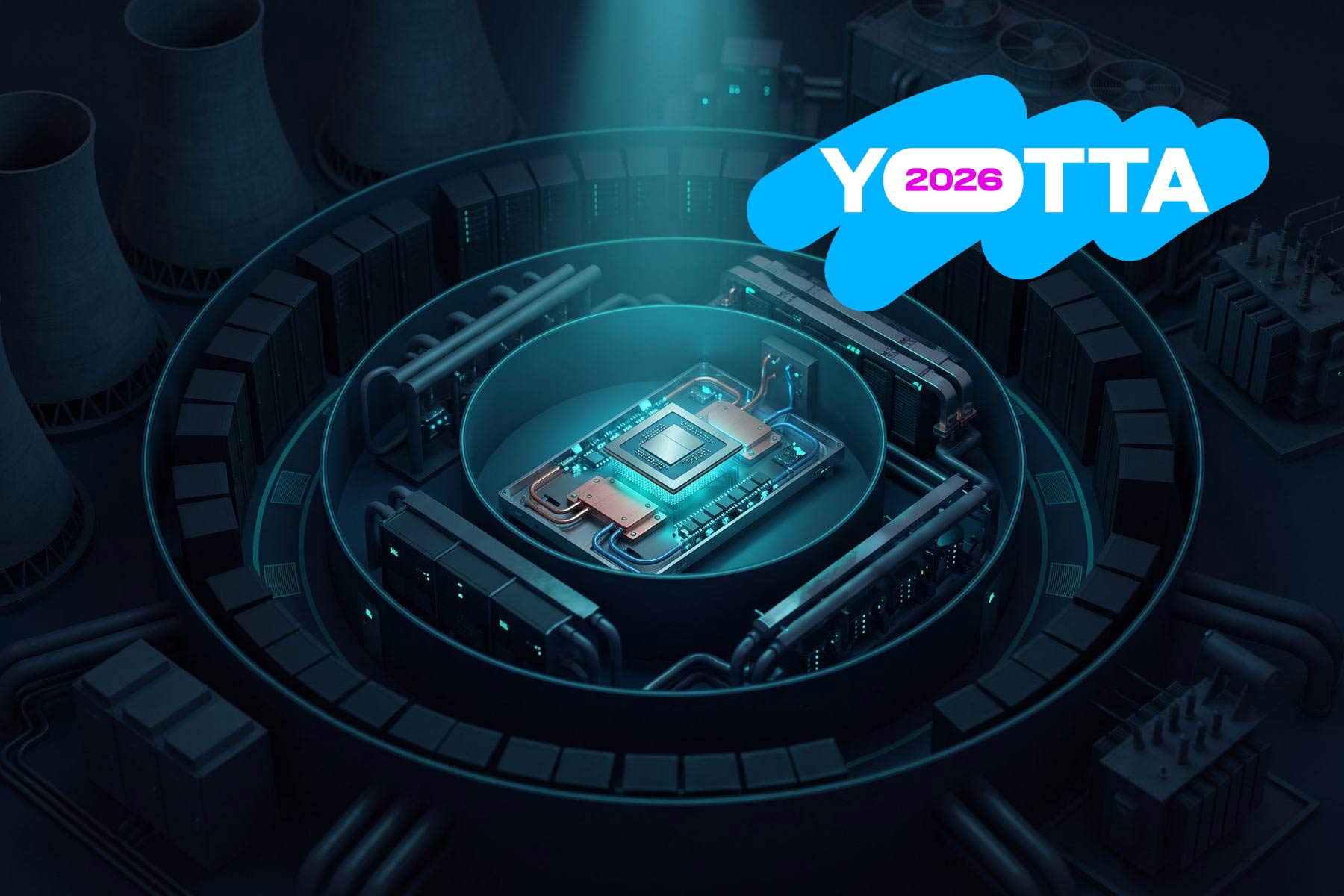 An AI accelerator at the center of concentric rings of data center infrastructure — racks, cooling and power — representing how inference workloads shape the entire facility around them.