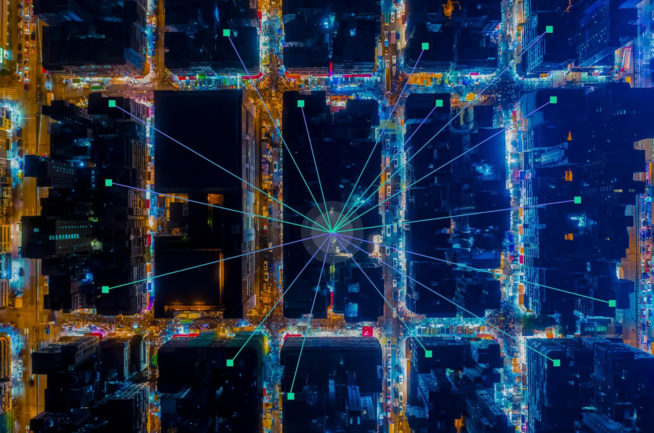 Arial view of multiple buildings with multiple points leading to once central point