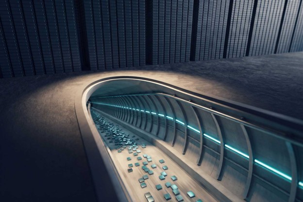 An engineered tunnel bored into the ground beneath a towering wall of stacked memory chips, carrying a stream of silicon dies through it, representing storage routed under the inference memory wall.