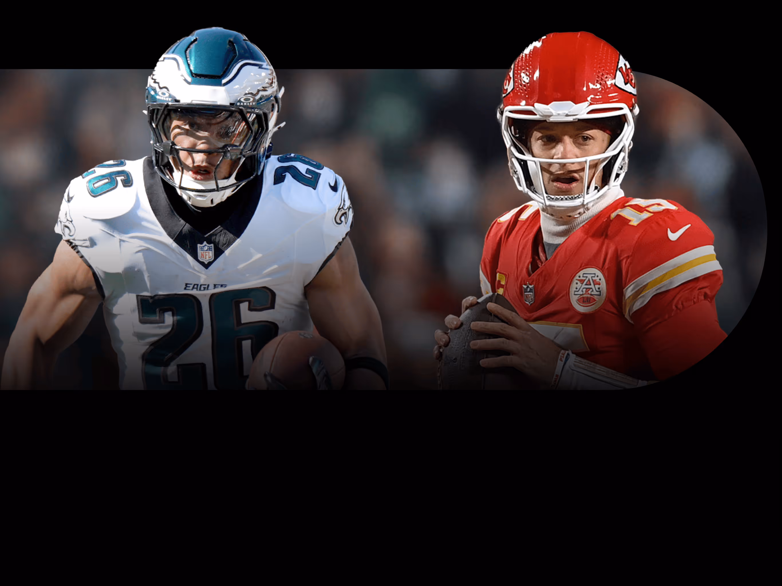 Philadelphia Eagles player in white jersey running with football beside Kansas City Chiefs player in red jersey preparing to throw.