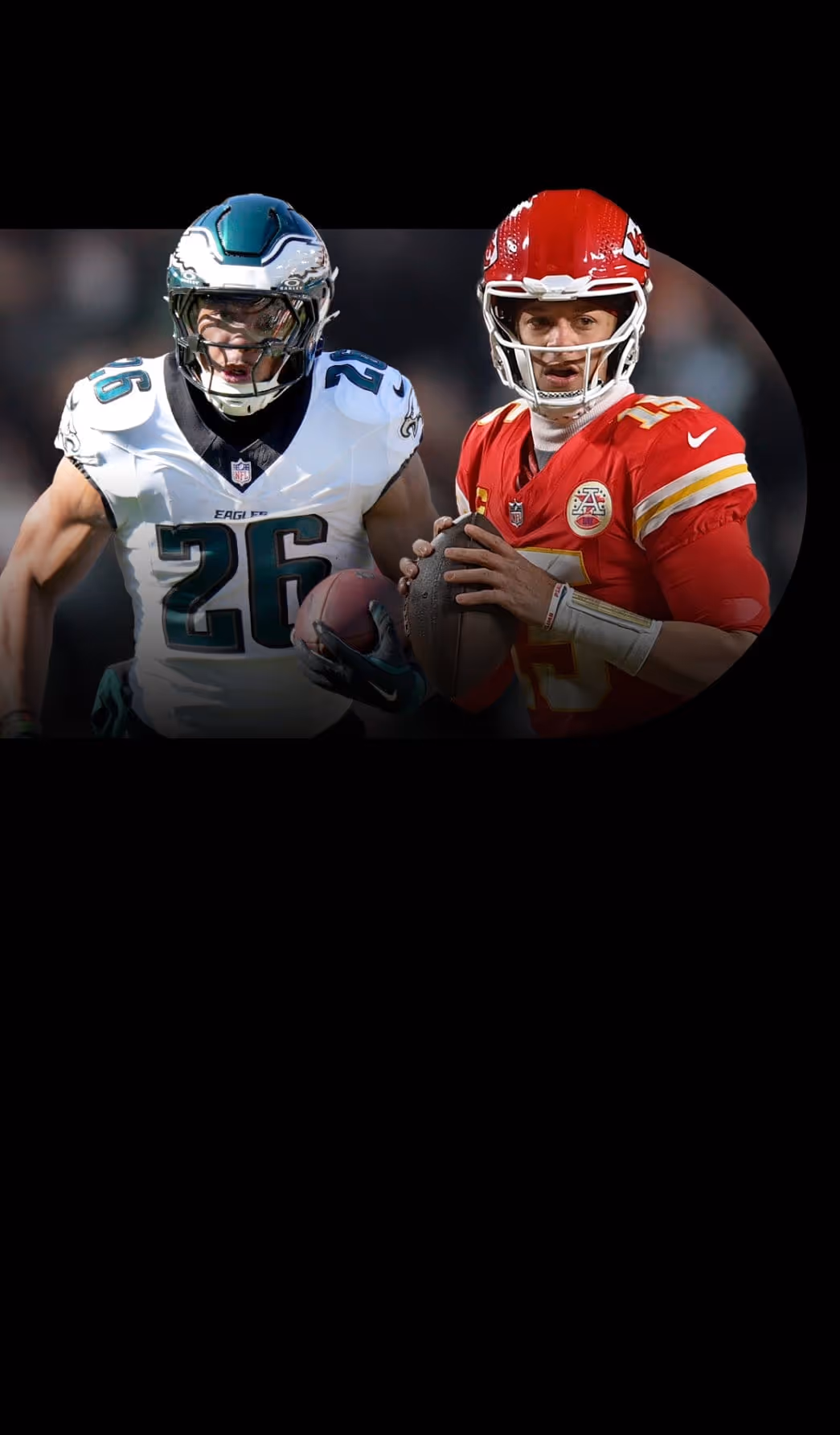 Philadelphia Eagles player wearing white jersey holding a football and Kansas City Chiefs quarterback in a red jersey holding a football, facing forward.