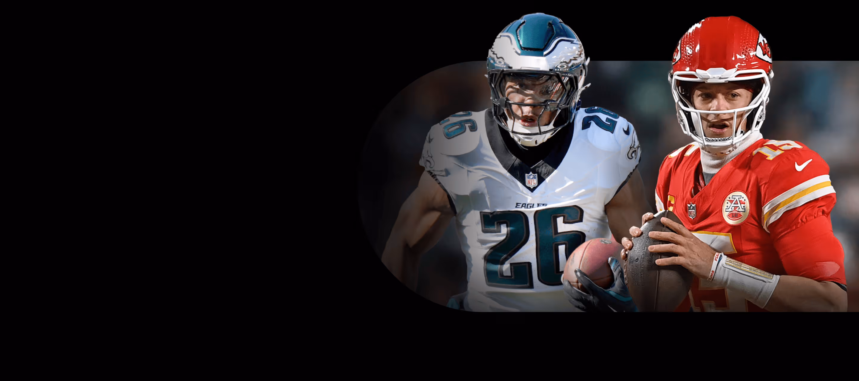 Two American football players: one in white and teal Eagles uniform holding a football and one in red Chiefs uniform preparing to throw a football.